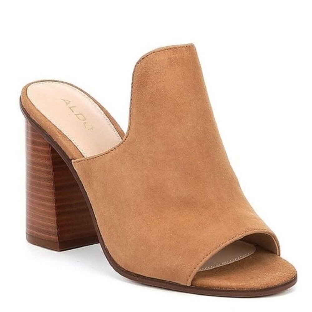 Aldo Legossa Brown Suede Leather Open Toe Mule Heels Size US 8 EU 38.5